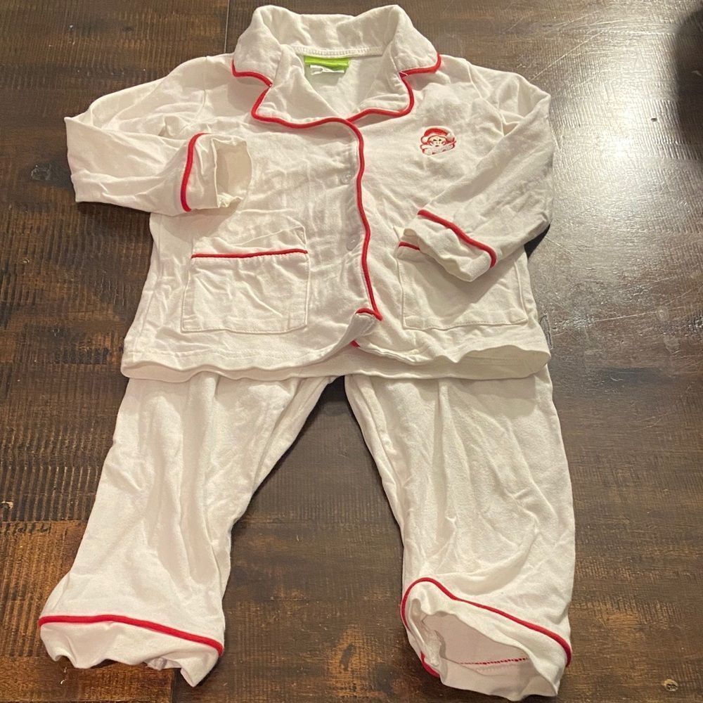 Classic whimsy Christmas White Pajama Set with Red Trim embroidered Santa 2T